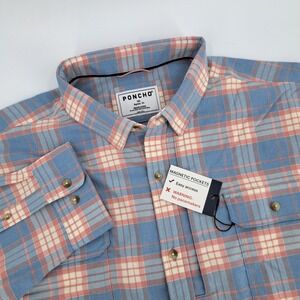 PONCHO Mens 3XL Regular Fit Plaid Flannel Shirt Magnetic Pockets Blue Pink Cream